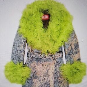 DIESEL Faux-fur Belted-waist Jacket - Blue